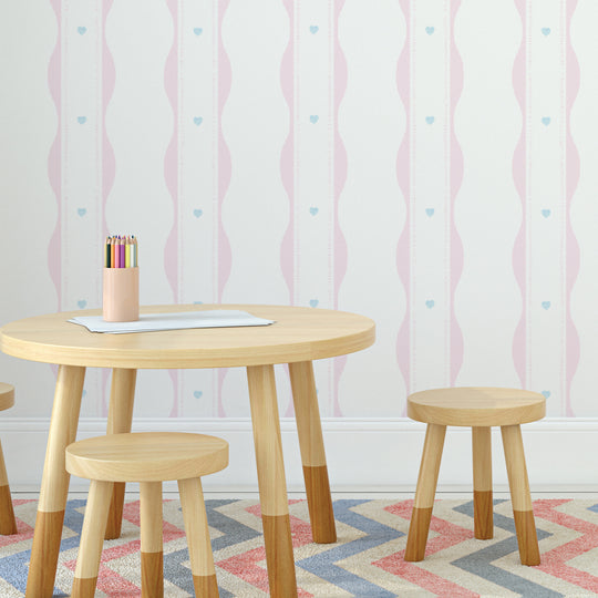 Scallopped Ribbons - Pink With Blue Hearts