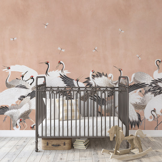 Japanese Vintage Cranes on Deep Blush