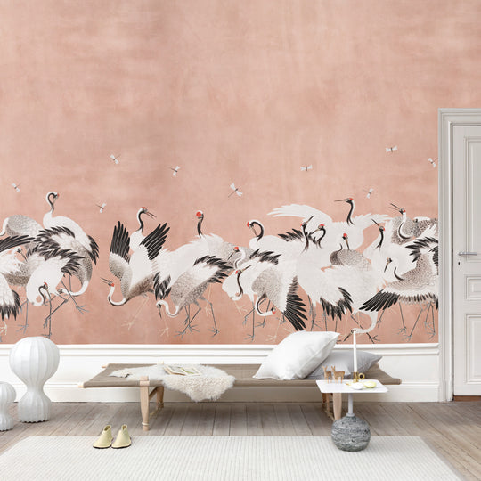 Japanese Vintage Cranes on Deep Blush