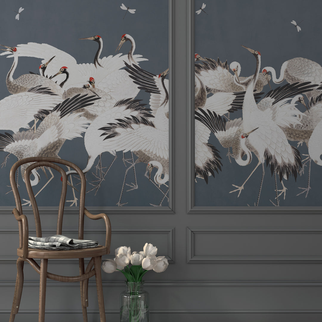 Japanese Vintage Cranes on Dark Pewter